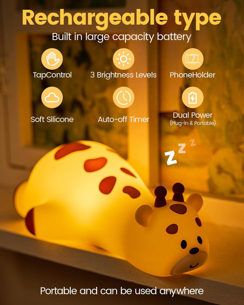joyful xinghai Kids Night Light Giraffe, Silicone Tap Control Bedside Lamp with Time Auto-Off, Cute Portable LED