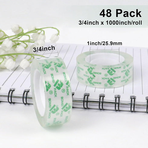 PACK 48 3/4 1000 in,1 inch BOMEI Rolls Crystal Clear Transparent Tape, Stationery Tape Refills Rolls for Dispenser