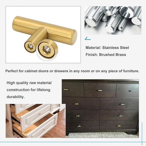 LONTAN 12 Pack Gold Drawer Knobs for Dresser Kitchen Cabinets, Brushed Brass T Bar Knobs, 2 Inch Length