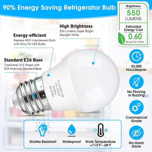 LED Refrigerator Light Bulb, 40 Watt Equivalent A15 Waterproof Bulb, Daylight White 5000K, 2-Pack