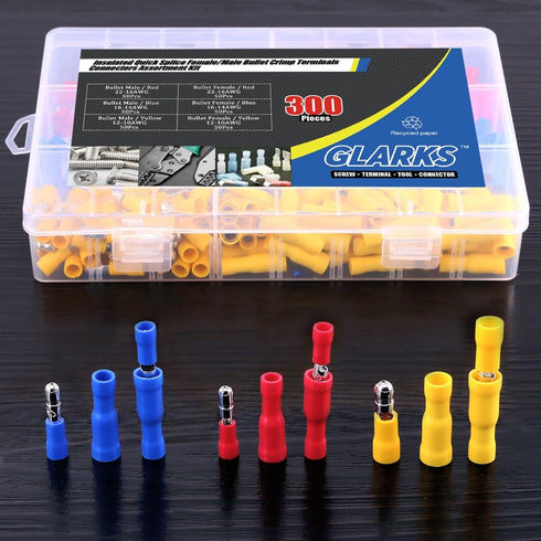 Glarks 300pcs Insulated Quick Splice Female/Male Bullet Crimp Terminals Connectors Assortment Kit