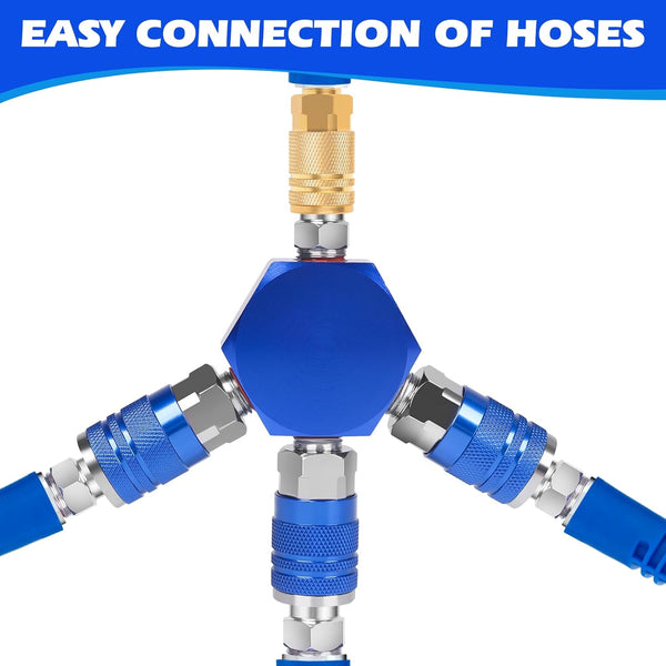 Connect Fittings Air Splitter, 1/4 Inch NPT 3-Way Manifold with 3 Brass Quick Couplers & Plug, Hex Style Hose