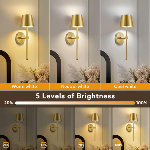 Set Dimmable LIGHTESS Battery Operated Wall Sconce of Two with Touch and Remote Control, Rechargeable Wall Lights