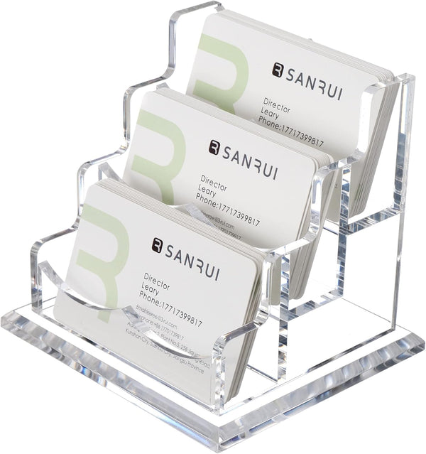 Business Card Holder Display for Desk, Clear Acrylic 3 Tier Organizer, 3 Slots for Men and Women
