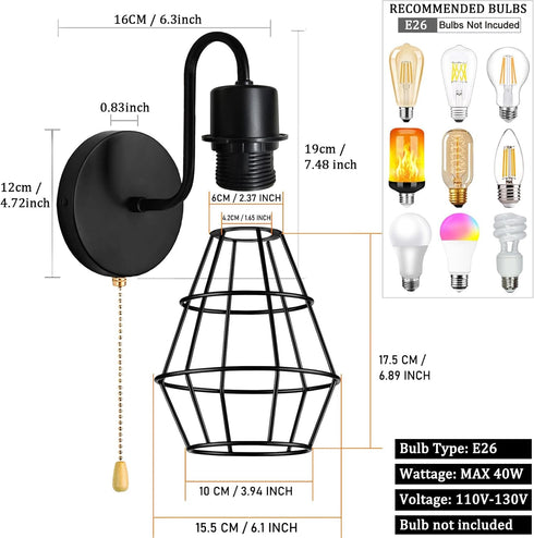 E26 (1-Light, Bulb) Pull Chain Wall Sconce Wire Cage Wall Light Fixtures with On Off Switch Hardwired Black Metal