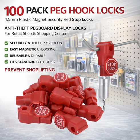 Generic 100 Pack 4.5mm Peg Hook Locks, Plastic Magnet Security Red Stop Locks, Anti-Theft Pegboard Display Lock