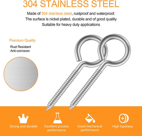 20pcs 2” 304 Stainless Screw Eyes - Small Eyelet Screws Heavy Duty Hook Lag Thread Eyebolt (20 pcs 2")