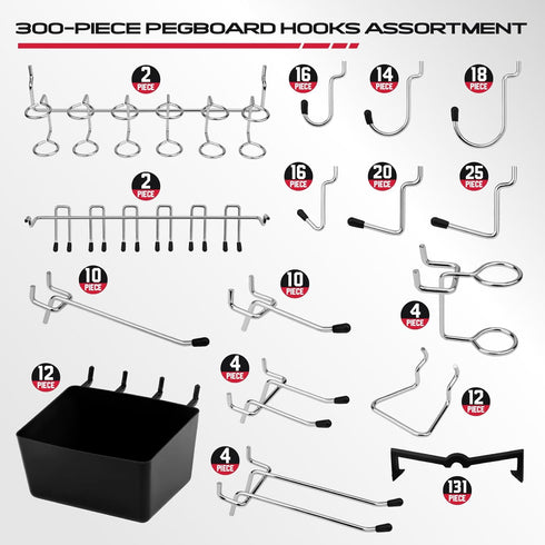 Pegboard Organizer Hooks, 300-Piece Durable Assortment for Tool Organization