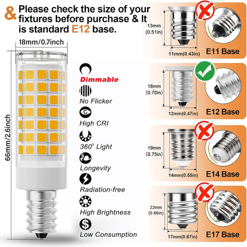 E12 60W Bulbs C7,Dimmable,3000K White,600 T6 E12 120V 6W Bulbs Lamp,6 Pack LED Candelabra Replacement Warm Lumen LED