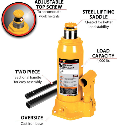 Performance Tool W1621 2-Ton (4,000 lbs.) Heavy Duty Hydraulic Bottle Jack, Yellow