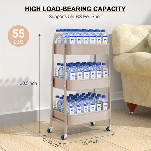 EAGMAK 3 Tier Utility Rolling Cart, Metal Storage Organizer Trolley with Handle and Lockable Wheels, Mesh Baskets for