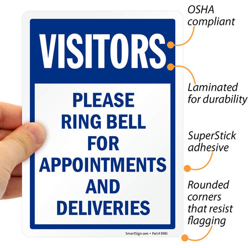 SmartSign (Pack of 4) 7 x 5 inch “Visitors - Please Ring Bell for Appointments and Deliveries“ Sticker Labels, Blue and