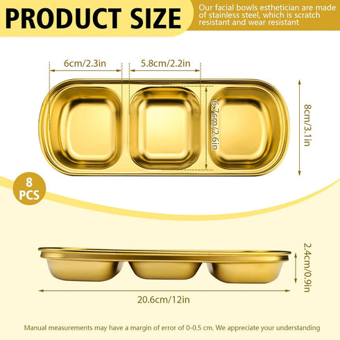 Chihutown 8PCS 3-Compartment 8.113.150.94in/20.682.4cm Esthetician Bowls, Thickened Stainless Steel Facial Skincare