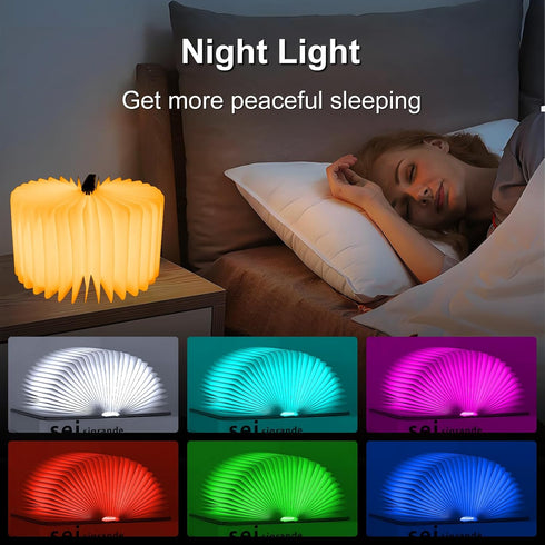 7 Foldable Book Lamp Light Decor Gift, Color LED Night Light Leather Cover USB Rechargeable, Unique Paper Book Light