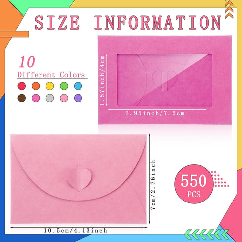 550 4 2.8 Inch Uiifan Pcs Colorful Window Gift Card Envelopes x Gift Card Sleeves Credit Size with Heart Shaped Clasp