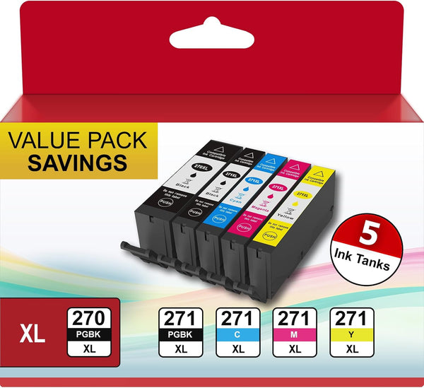 PGI-270XL CLI-271XL Compatible Ink Cartridges for Canon 270 271, Black Cyan Magenta Yellow (5XL Pack)
