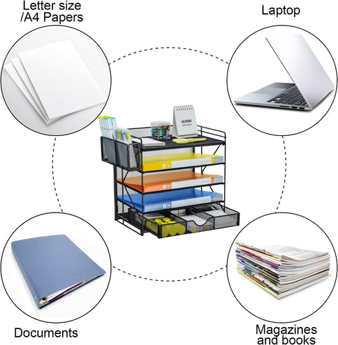 GALASALA 5-Tier Mesh Desktop File Organizer with Drawer, Paper Sorter for School Office Supplies, Black