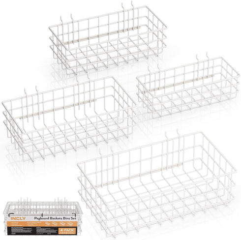 INCLY 4 Pack Pegboard Baskets Bins Set, 4 Size Square Style Metal