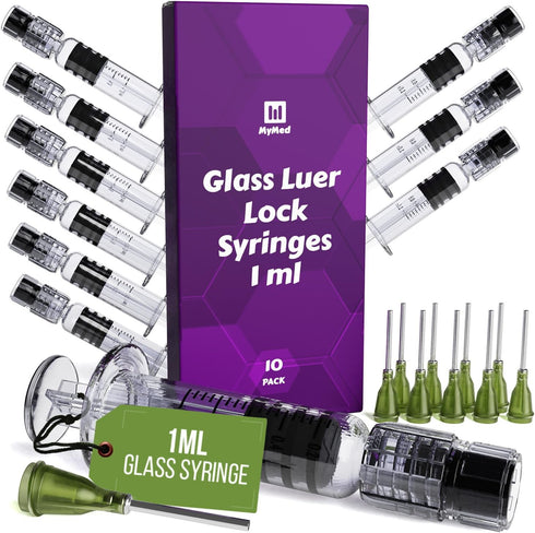 10 Pack Borosilicate Glass Luer Lock Syringe, 1ml Reusable Glass Syringes for Arts, Crafts, Lab, Thick Liquids