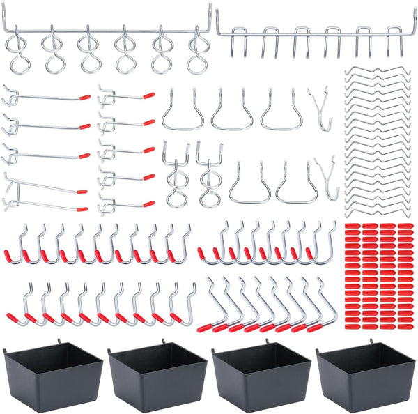 60 Assorted Pegboard Hooks with Bins and 154 Peg Locks/Caps for 1/4 inch & 1/8 Inch Peg Board