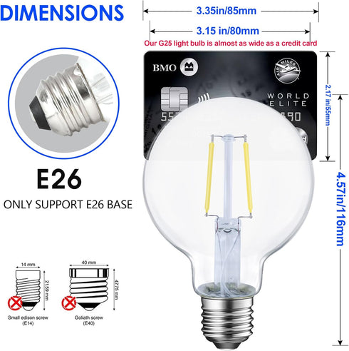 G25 Dimmable Bulb, 40 5000K,350LM, E26 G80 Bulb, 6-Pack E ENERGETIC LIGHTING LED Globe Edison Light Watt Equivalent