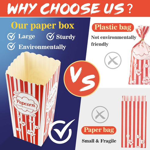 MAQIHAN 18PCS Popcorn Boxes Containers - 46oz Square Popcorn Bowls Square Popcorn Buckets Popcorn Tub Paper Cups Holders Disposable Kids Christmas Movie Night Party Individual Servings Red & White