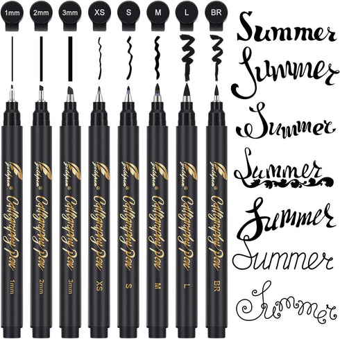Calligraphy Pens Set, 8 Size Hand Lettering Brush Pens for Beginners, Black Ink Drawing Pens for Calligraphy