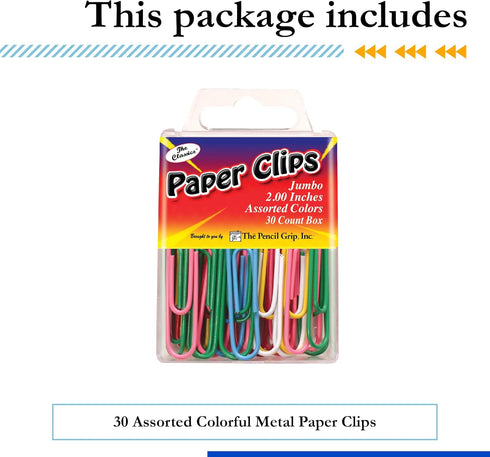 Pencil Grip The Classics Paper Clip, Assorted Colors, 2.0 Inch, 30 Count Box (TPG-238)