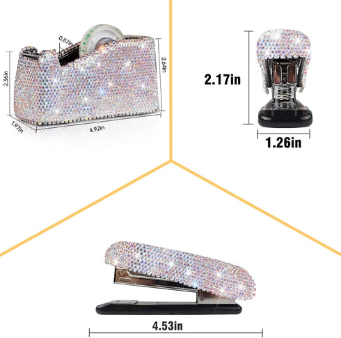Bling Crystal Luxury Handmade Diamond Stapler & Desktop Tape Dispenser, Office Stationery Kit for Women