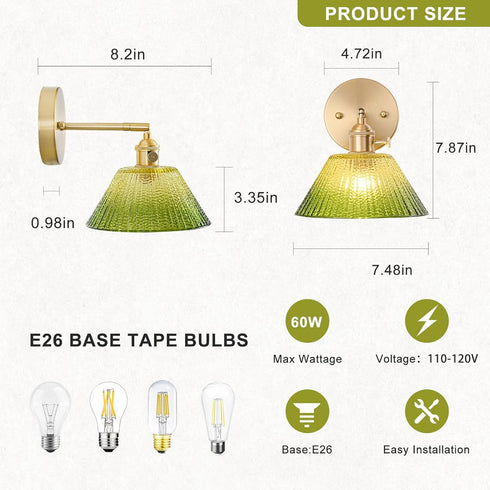 Hardwired Wall Sconce Light, Vintage Wall Sconce with Switch, Gold Wall Light Fixture with Gradient Green Glass