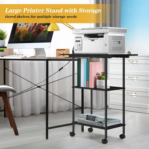 Black Printer Stand with Storage, 3 Tier Rolling Cart with Wheels, Large Printer Table for Home Office