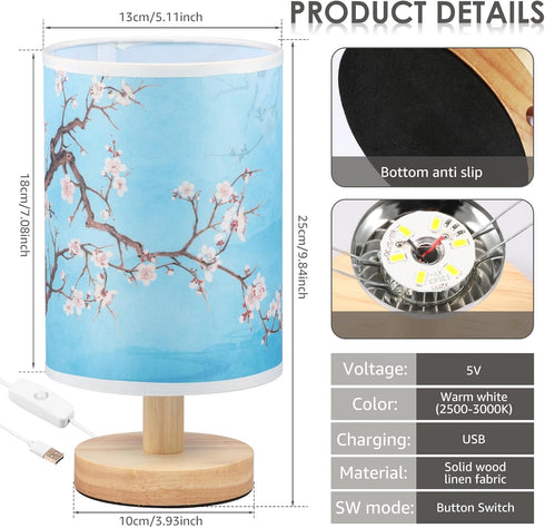 MABCIRY 2) Fabric Wood Table Lamp for Bedroom, USB LED Bedside Night Lamp with Linen Fabric Lampshade, Decorative