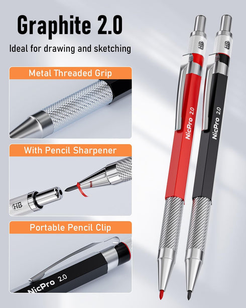 Nicpro 17 Pack Carpenter Pencil Set with Sharpener, Mechanical Pencils with 57 Refills, Heavy Duty Construction
