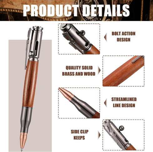 Chinco 2 Pieces Bolt Action Wood Ballpoint Pens, Solid Brass Bullet Shaped Pen with 2 Refills, Black Ink (Black, Brown)
