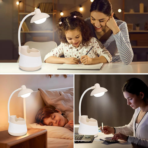 Vipsuh USB LED Desk Lamp with Phone Holder, Pen Stand, Flexible Gooseneck & Rechargeable Battery for Office, Study