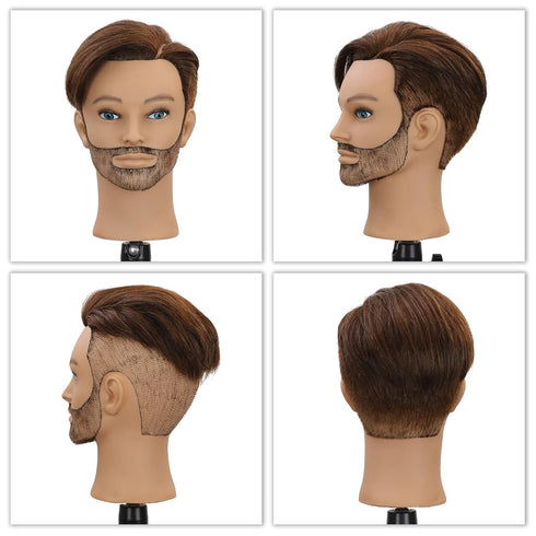 sirydtm 12" 100% Stand(4) Barber Mannequin Head Male Real Hair Blue eyes Mannequin Head with Human Hair Styling
