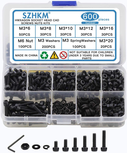 600PCS M3 Nuts and Bolts Assortment Set - Hex Nuts, Washers, Screws, Hex Socket Head Cap Screws - Alloy Steel with