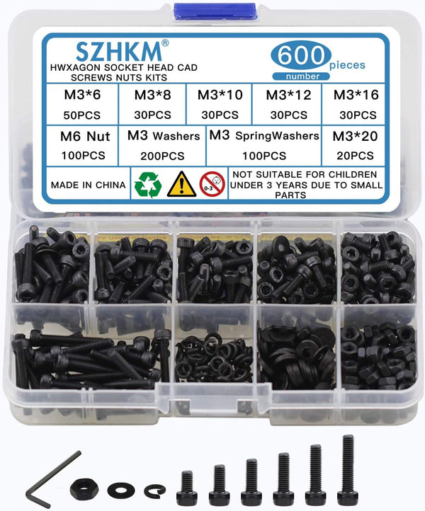 600PCS M3 Nuts and Bolts Assortment Set - Hex Nuts, Washers, Screws, Hex Socket Head Cap Screws - Alloy Steel with