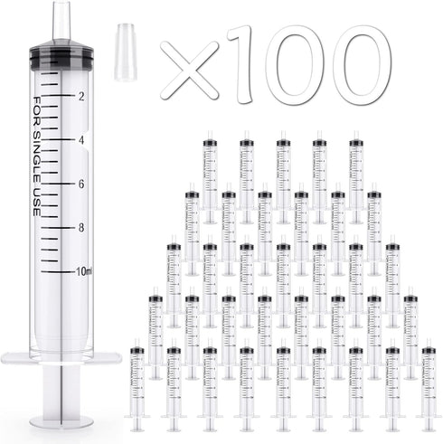 JOLLY PARTY 10ml Syringes 100 Pack Plastic Small Syringe with Tip Cap for Scientific Labs, Measurement, Refilling