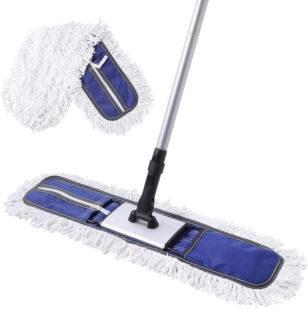 24" Commercial Dust Mop for Floor Cleaning, Heavy Duty Duster Floor Mop with 59” Extendable Long Handle, Blue for