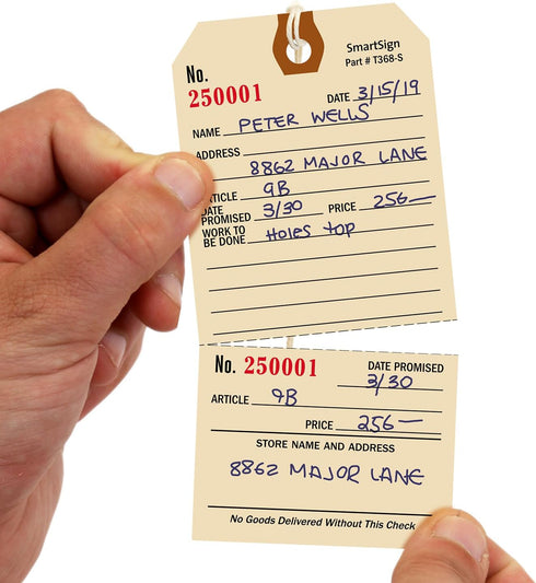 SmartSign 5.25 x 2.625 inch Numbered Repair Tags (Pack of 100) with Pre-Attached String, 10 Point Manila Cardstock