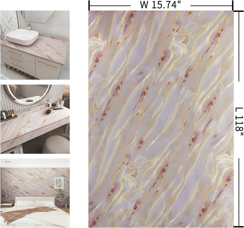 Pink Purple Glossy Marble Contact Paper for Cabinets and Drawers, Peel and Stick Waterproof Modern Kitchen Wallpaper.