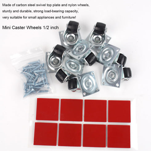 Mini Caster Wheels, 0.5 Inch Low Profile Nylon Tiny Swivel Casters, 8 Pack for Small Appliances