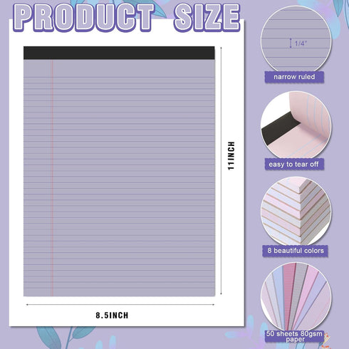 Fuutreo 8 Pcs 8.5'' x 11'' Colored Legal Pad Writing Pads, Narrow Ruled 50 Sheets, Office Supplies, Taro Color