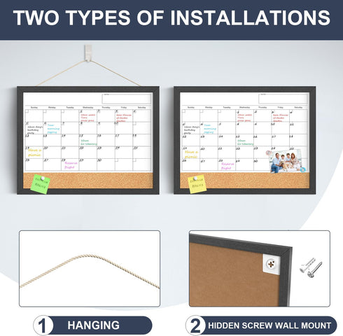 Dry Erase Calendar for Wall, 17"x13" Cork Board Combo with Magnetic White Board