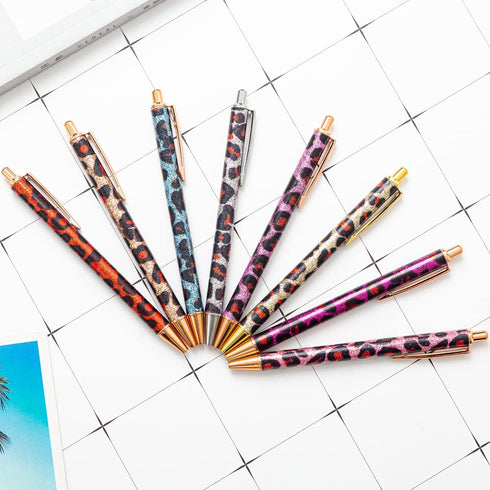 PASISIBICK 8 Pieces Girly Leopard Writing Pens, Cute Glitter Ballpoint Pens, Black Ink, Medium Point