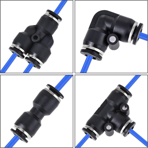 uxcell Pneumatic 6mm OD PU Air Hose Tubing Kit, 5 Meters Blue with 12 Pcs Black Push to Connect Fittings