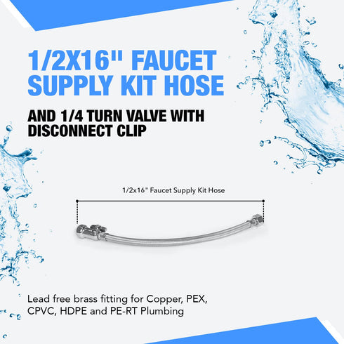 1/2x16" Faucet Water Supply Hose Kit with Quarter Turn Valve, Lead-Free Brass Fitting for Copper, PEX, CPVC