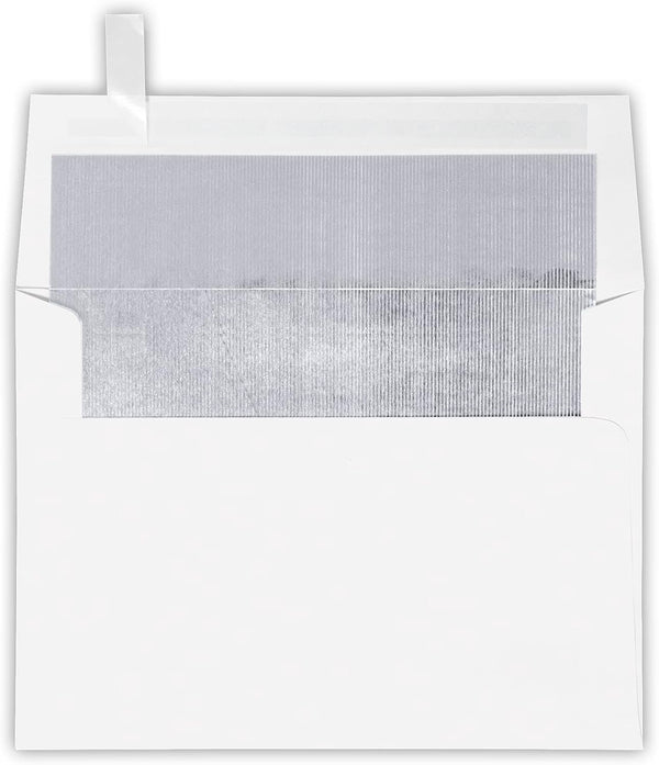 LUXPaper A7 Foil Lined Invitation Envelopes - White w/Silver LUX Lining - 5 1/4" x 7 1/4" - 50 Qty