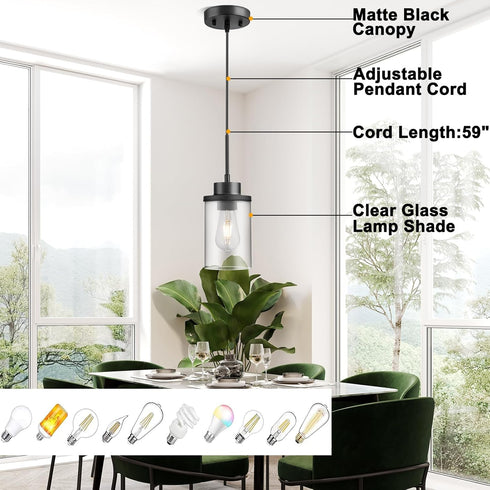 Modern Black Farmhouse Clear Glass Cylinder Pendant Light Fixture,Ceiling Hanging Metal Industrial Mini Pendant